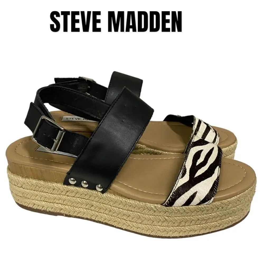 STEVE MADDEN Fifer Women's Black Zebra Platform Espadrille Sandals 8